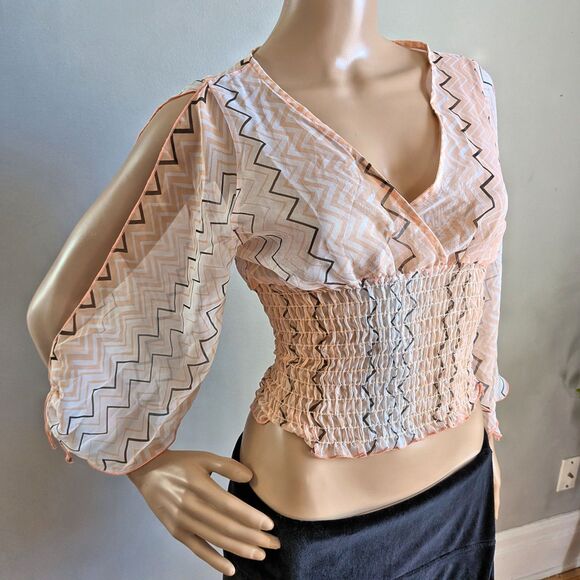 Vintage Y2K Q&A Cropped Top Semi-Sheer Shirred Zig Zag Boho Size Large - Picture 1 of 8